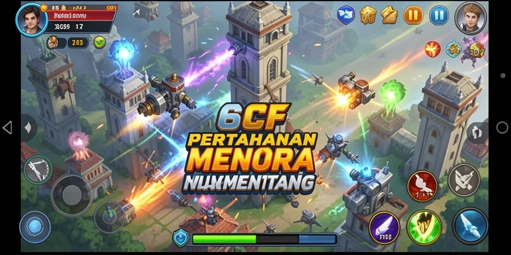Tampilan gameplay mendebarkan di 6CF dengan menara yang beragam.