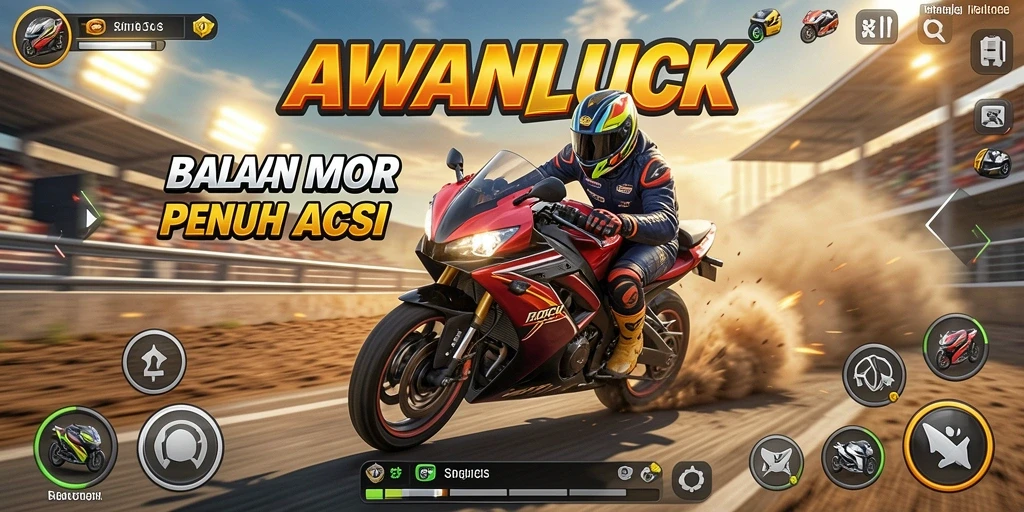 Tampilan gameplay mendebarkan di AWANLUCK dengan aksi balapan motor.