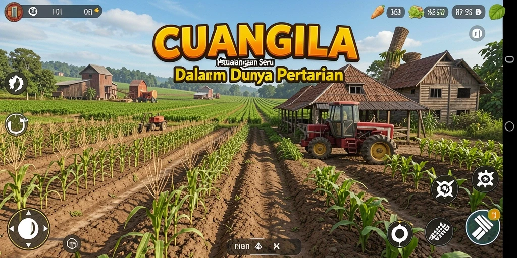 Tampilan gameplay CUANGILA dengan ladang yang hijau dan hewan ternak.