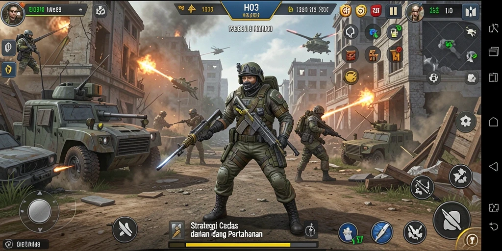 Screenshot gameplay H03 yang menunjukkan pertempuran strategis yang mendebarkan.