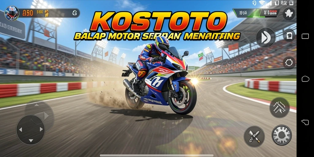 Screenshot gameplay KOSTOTO menampilkan balapan motor yang seru dan dinamis.