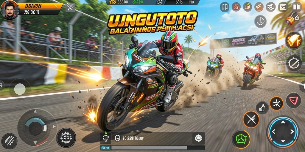 Screenshot UNGUTOTO menampilkan aksi balapan motor yang mendebarkan.